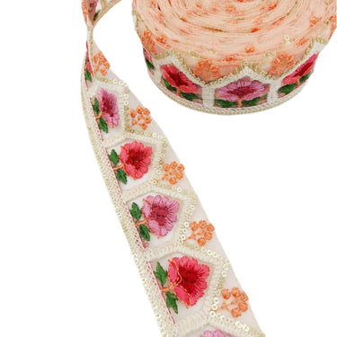 9 Yards Peach Soft Net Lace Trim Floral Embroidery and Gold Sequins, Floral Sari Border, Decorative Trim
